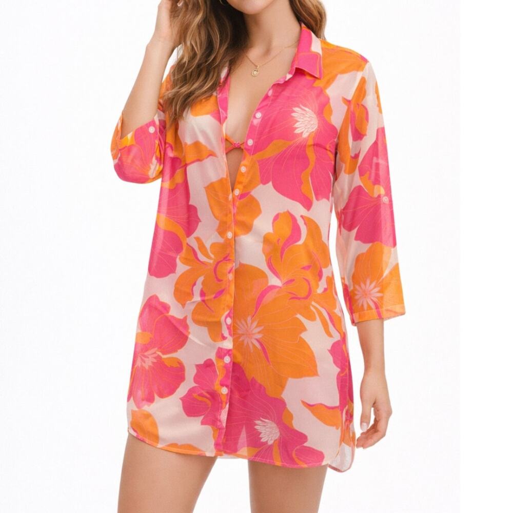 Club Z Sheer Floral Swimsuit Cover Up Button Down Beach Resort Pool Shirt SZ M